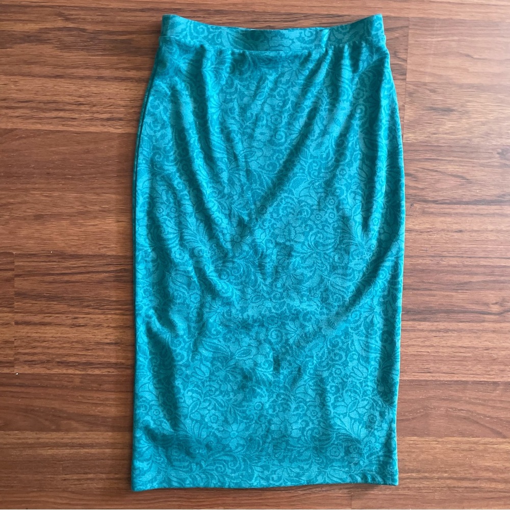Bordeaux Anthropologie Teal Lace Printed Lines Stretch Pencil Skirt